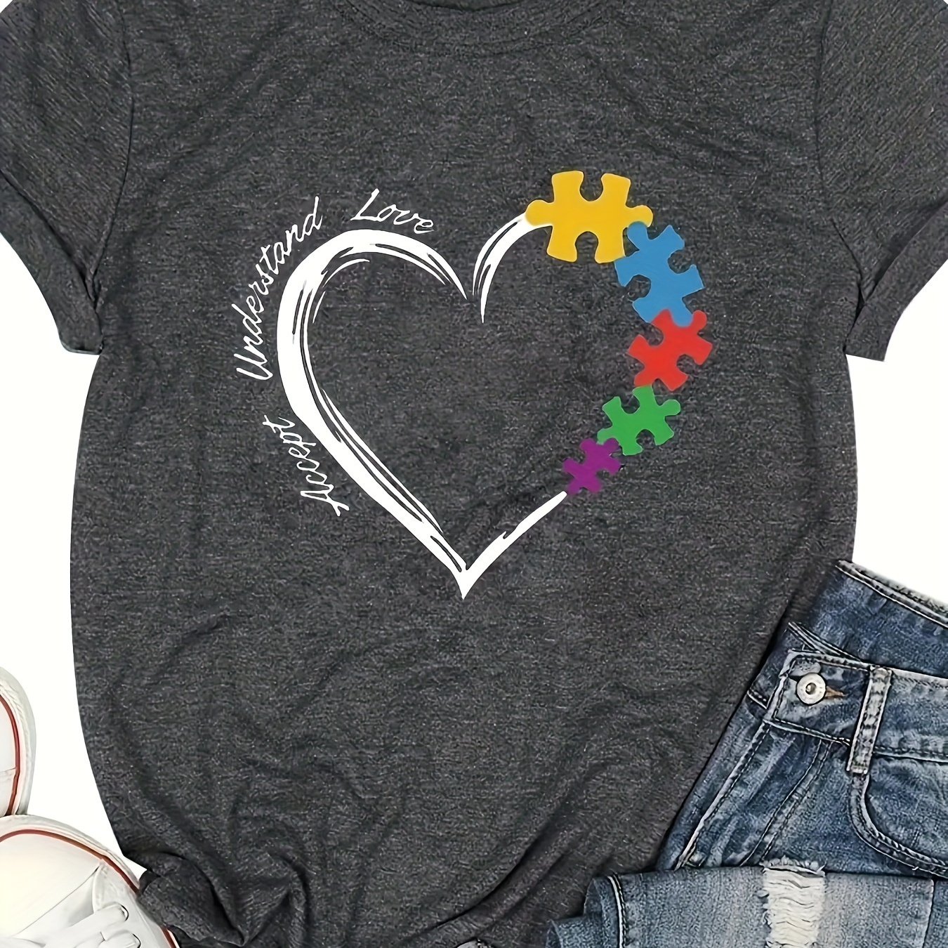 

Heart & Puzzle Print Crew Neck T-shirt, Casual Short Sleeve Top For Spring & Summer, Women's Clothing
