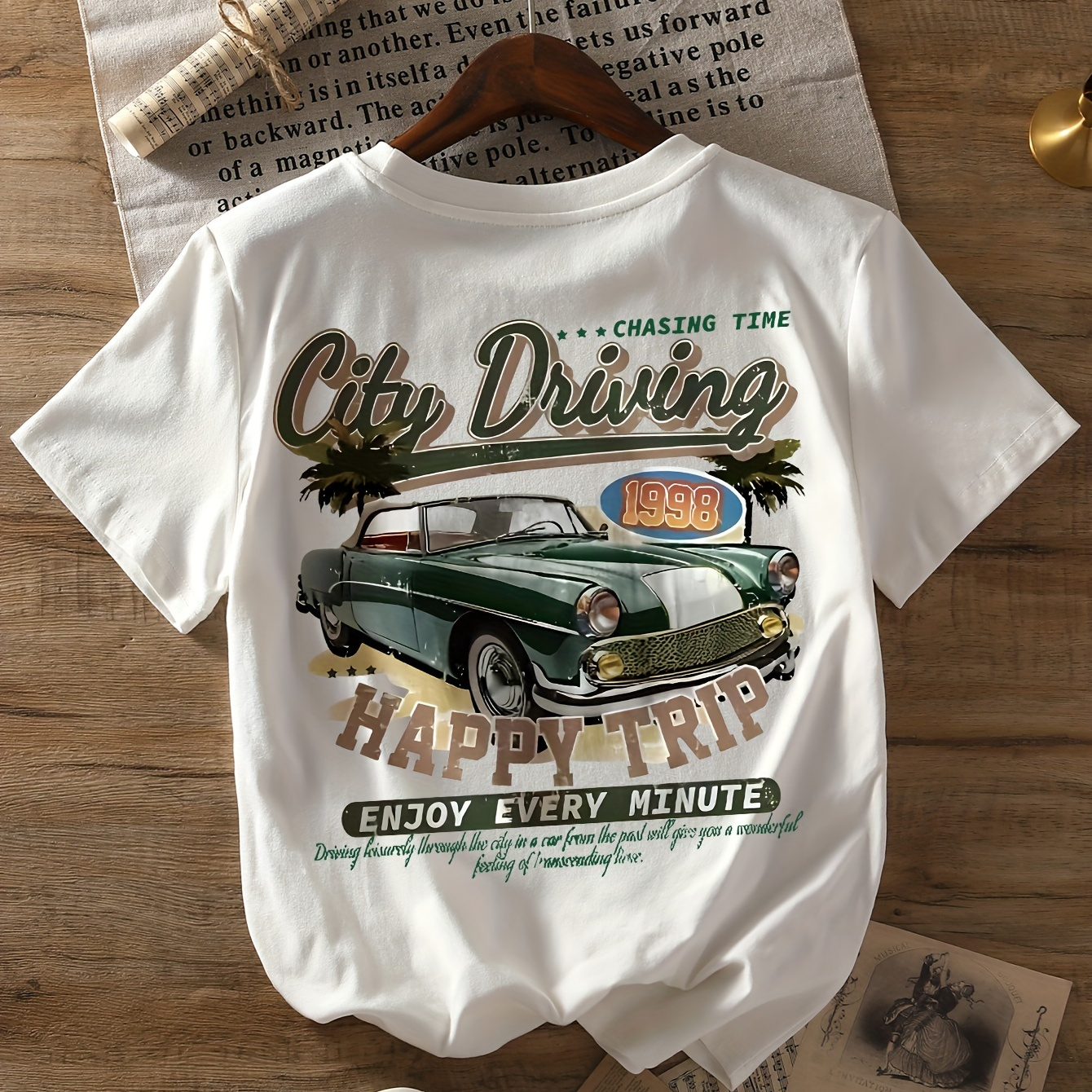 

Car Print T-shirt, Short Sleeve Crew Neck Casual Top For Summer & Spring, Women's Clothing