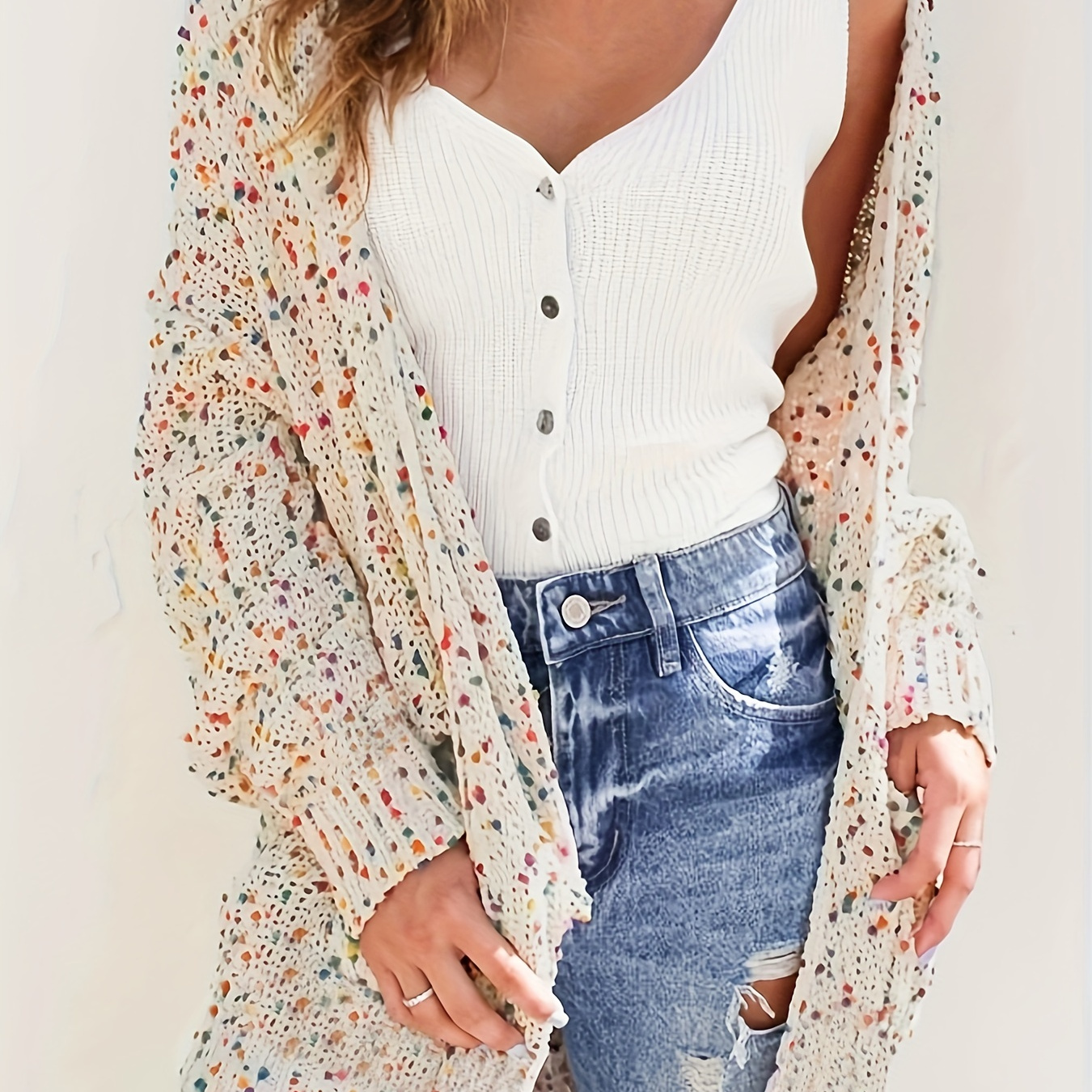 Plus Size Casual Cardigan, Women's Plus Rainbow Color Dot Print Long Sleeve Open Front Cardigan