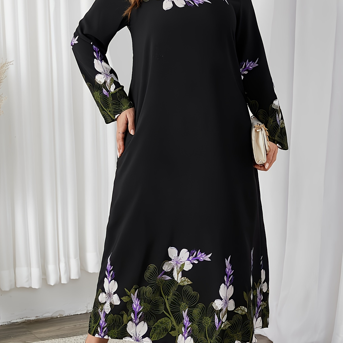 

Floral Print Polyester Tunic Dress With Waist, Comfortable And Breathable, Suitable For Spring, Summer, And Fall