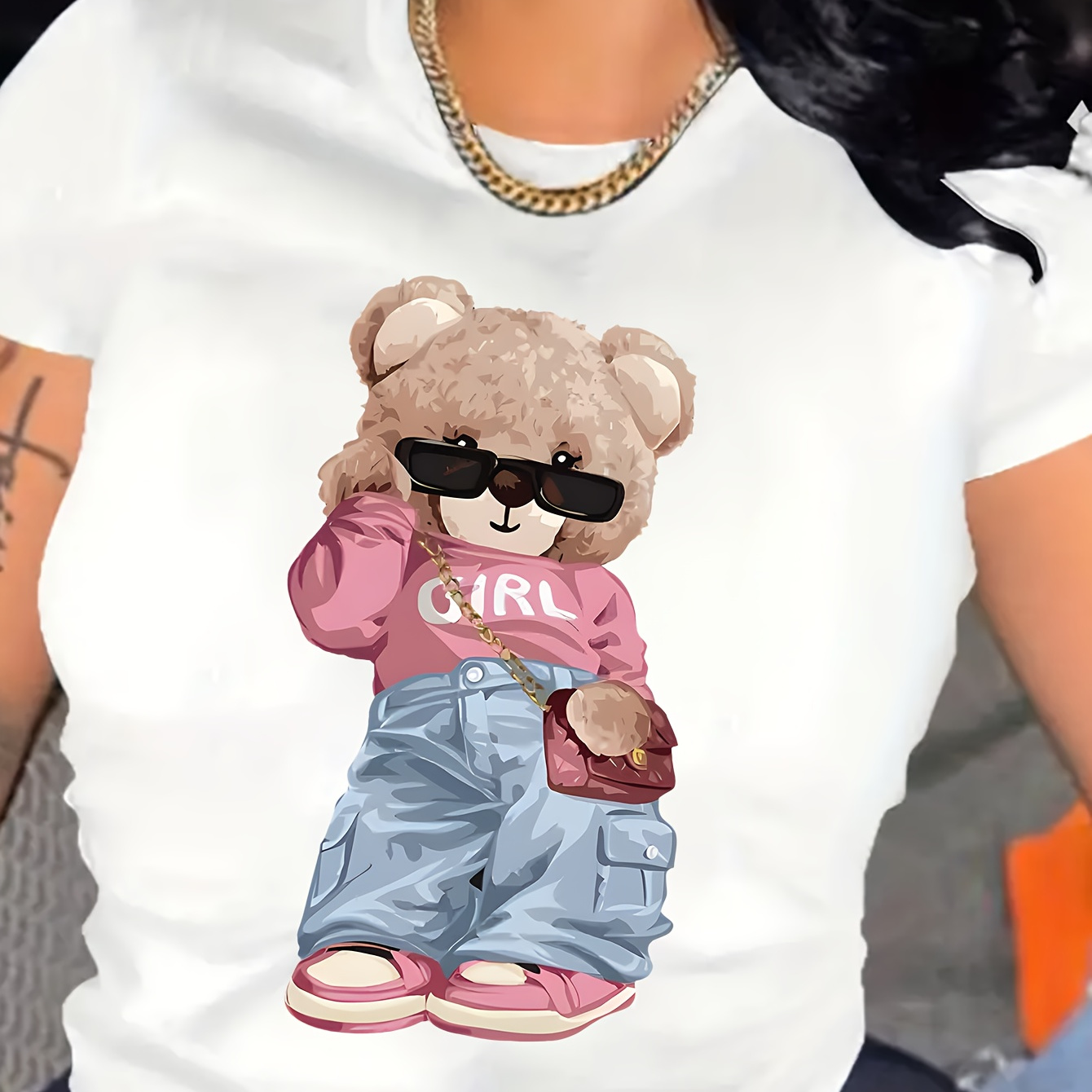 

Cute Bear Print T-shirt, Short Sleeve Crew Neck Casual Top For Summer & Spring, Women's Clothing