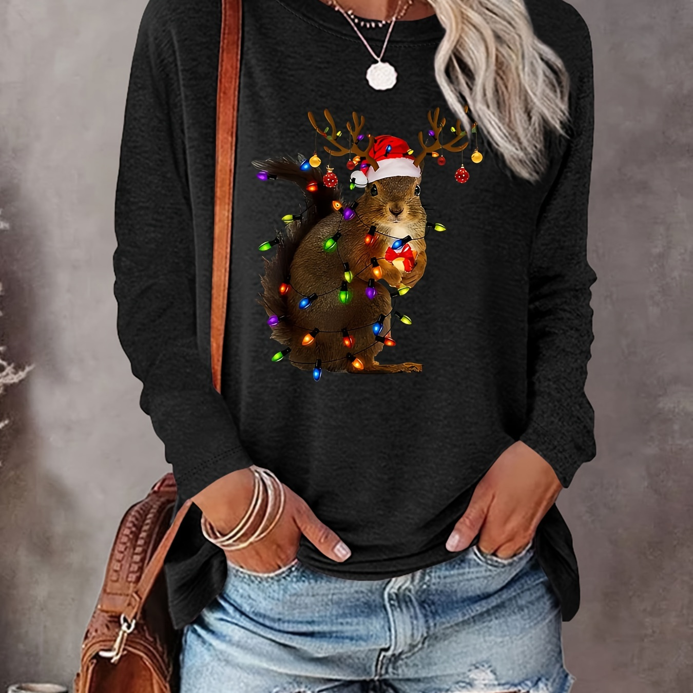 

Christmas Squirrel Print Crew Neck T-shirt, Casual Long Sleeve Top For Spring & Fall, Women's Clothing