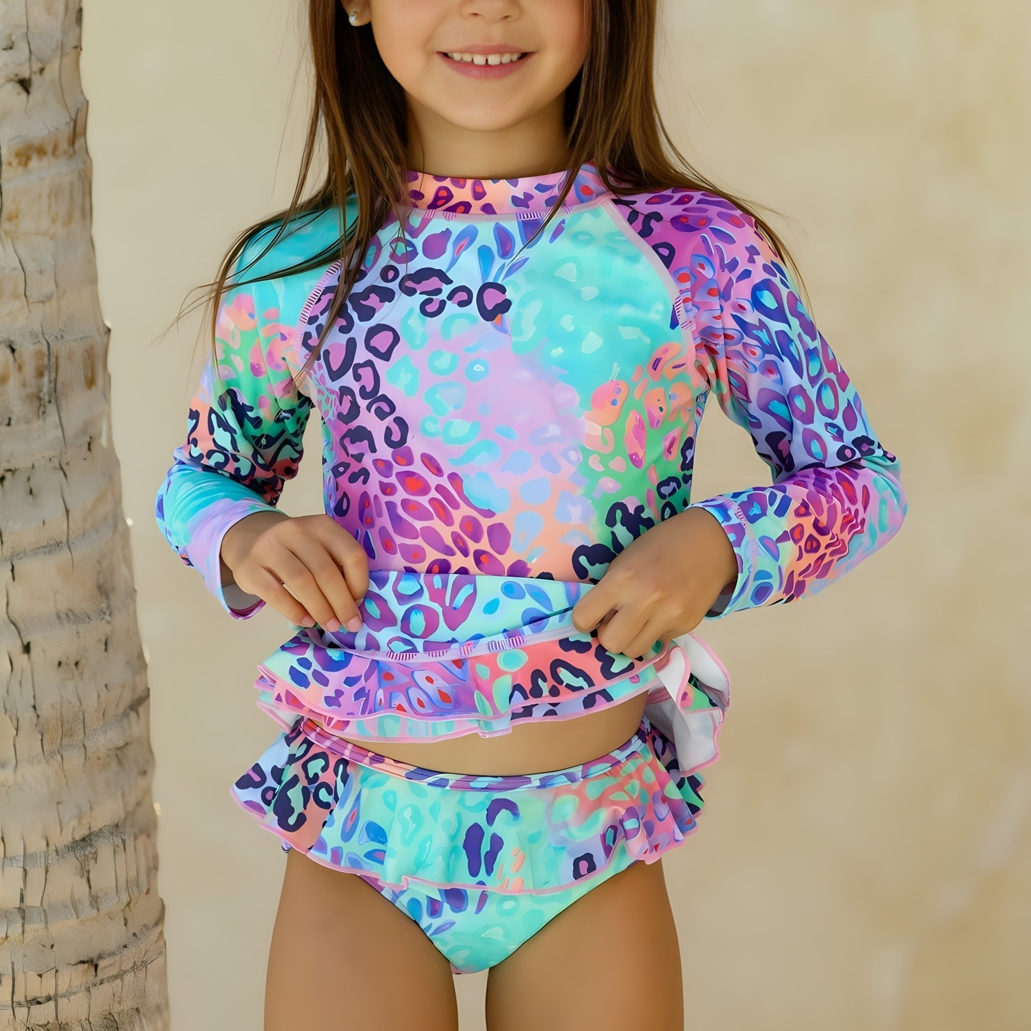 Olga Valentine - Girls Purple Floral & Leopard Swimsuit (UPF50