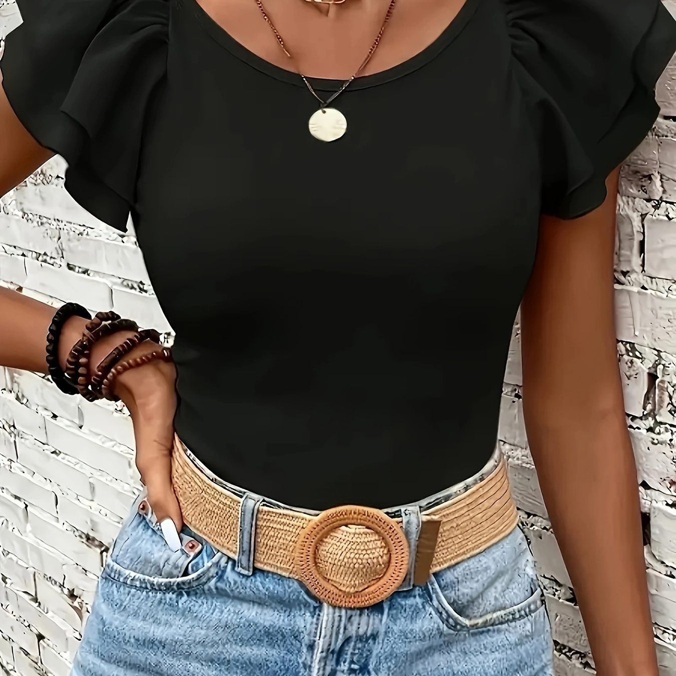 

Solid Layered Ruffle Trim Slim Top, Elegant Crew Neck Simple T-shirt For Spring & Summer, Women's Clothing