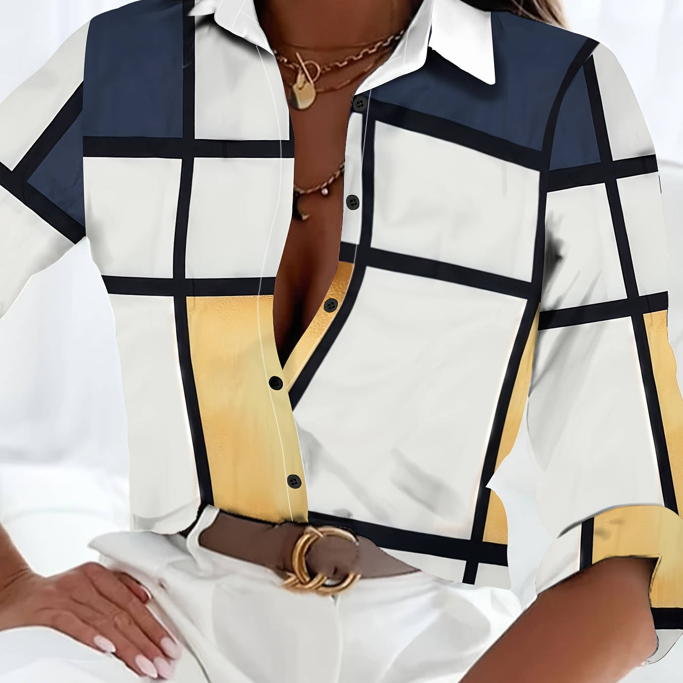 

Chemise à boutons à col polo, à manches longues, avec motif à carreaux colorés, pour le printemps et l'automne, vêtement pour femme