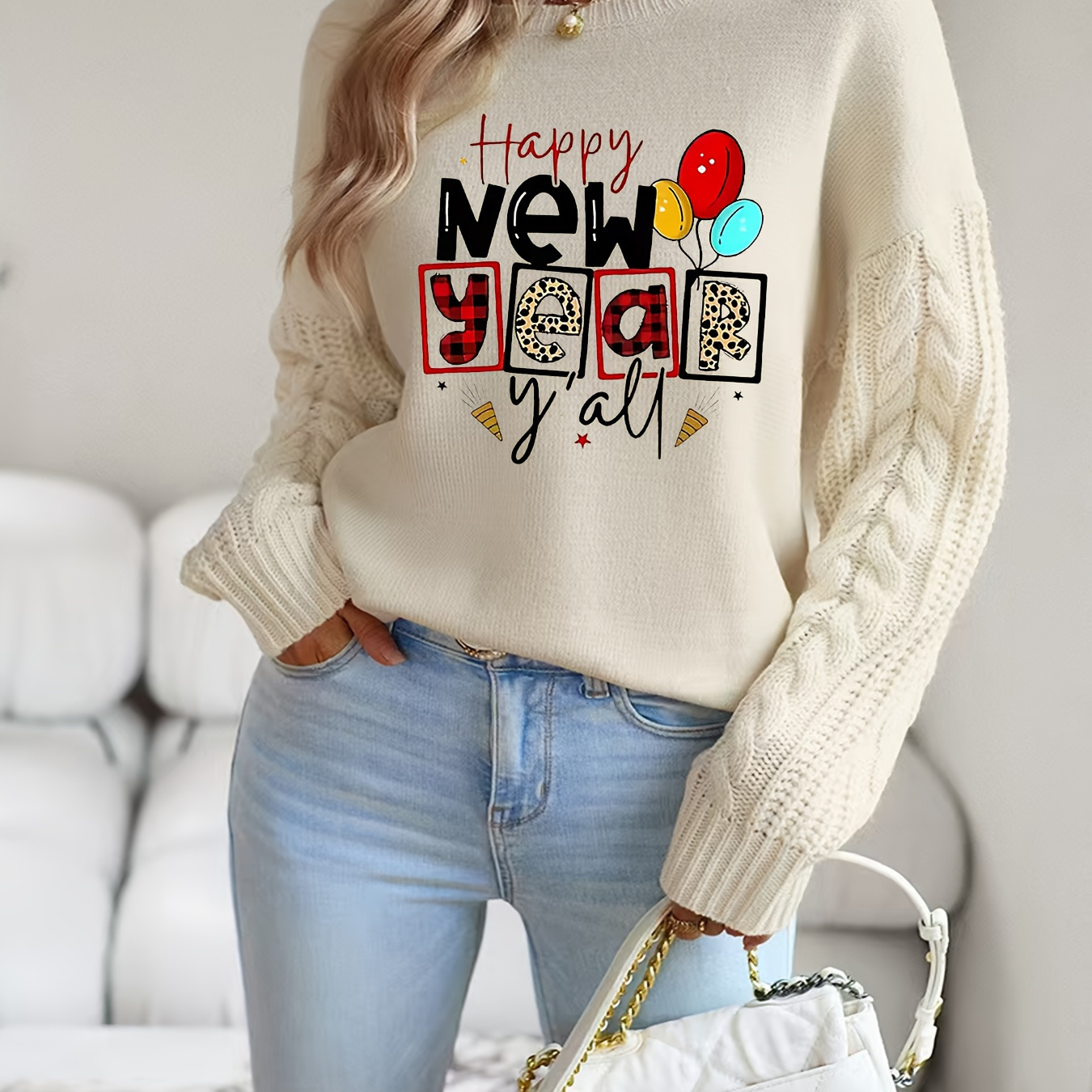 

Happy New Year Graphic Neck Pullover Sweater For Women, Chic Long Sleeve Knitwear, Polyester, For Fall/winter