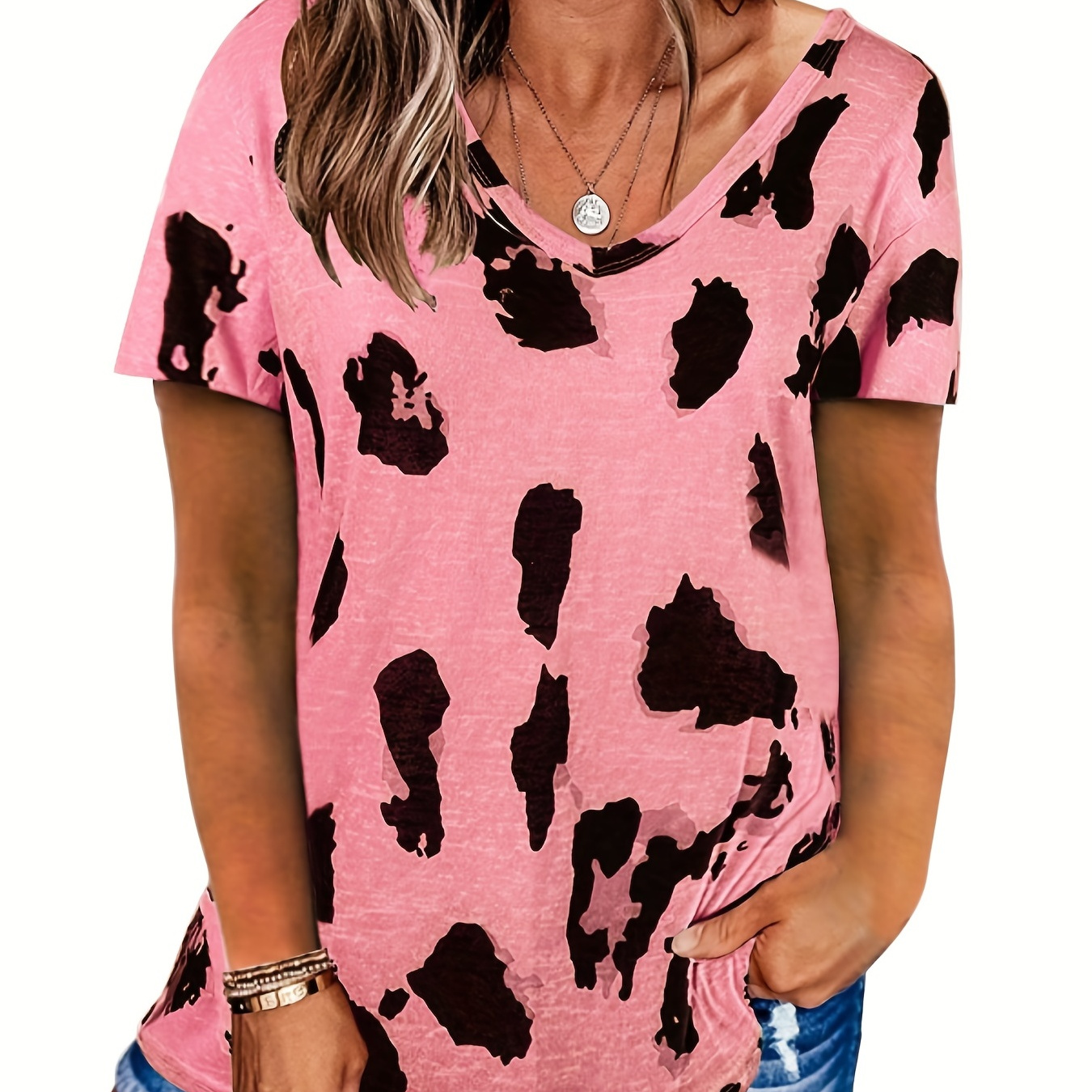 

Leopard V Neck T-shirt, Casual Short Sleeve Summer T-shirt, Women's Clothing