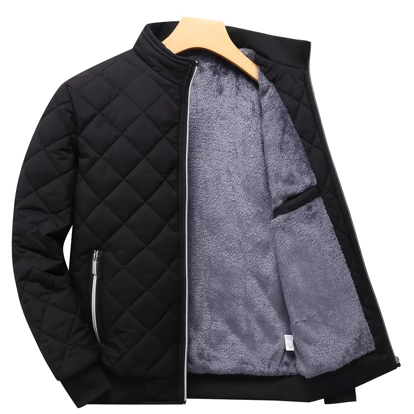 

Men's Casual Quilted Polyester Jacket - 100% Polyester Fiber, Non-stretch, Alphabet Pattern, Zipper Detail, Regular Fit, Fleece-lined, Woven, Fall/ Outerwear With Baseball Collar