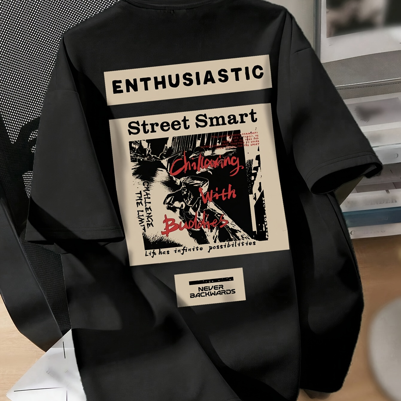 TEMU Enthusiastic Street Smart Graphic Crew Neck T-shirt - Casual Polyester Blend Knit Fabric Tee With Spandex, Regular Length, All Season Comfort