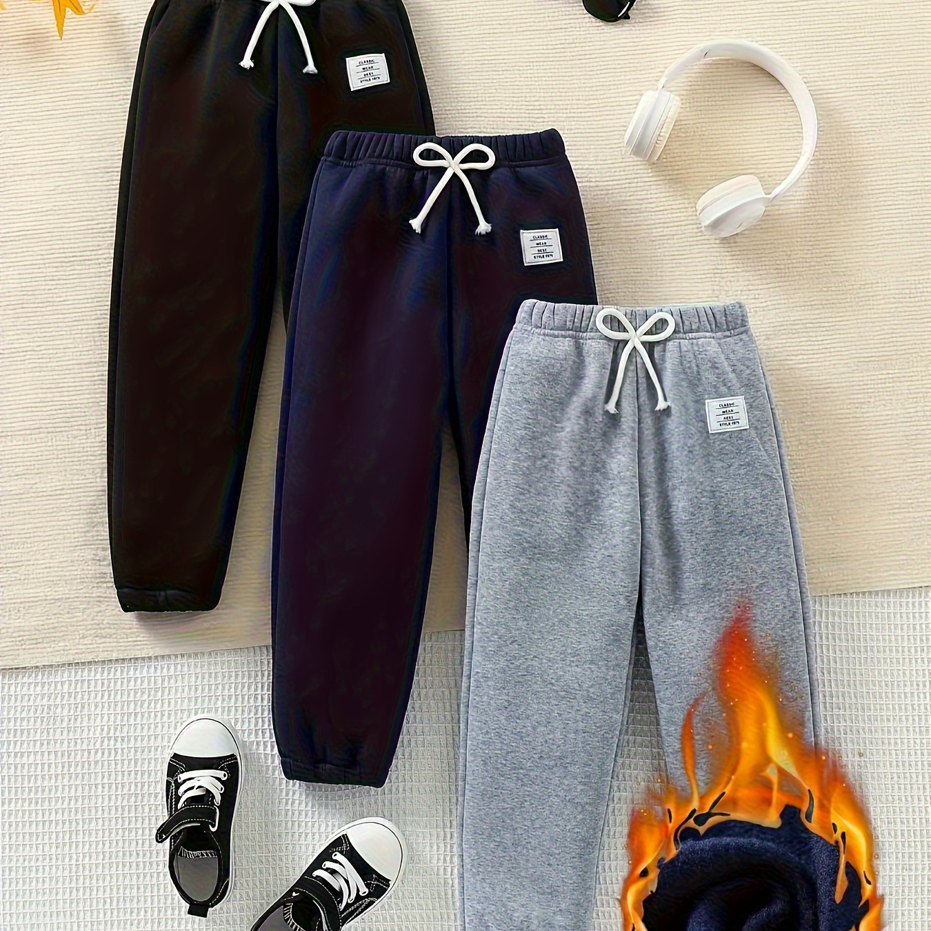 

[top-] Boys' 3pcs Cozy Fleece Joggers Set - Athletic Sweatpants Patches, For Fall/ , For