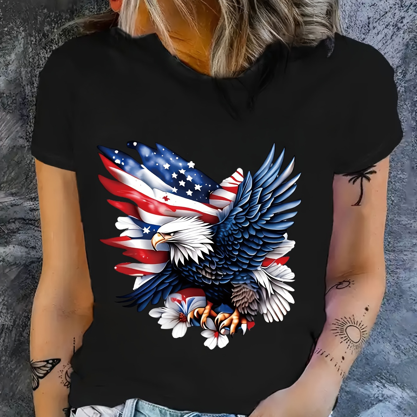 

American Flag & Eagle Print T-shirt, Short Sleeve Crew Neck Casual Top For Summer & Spring, Women's Clothing