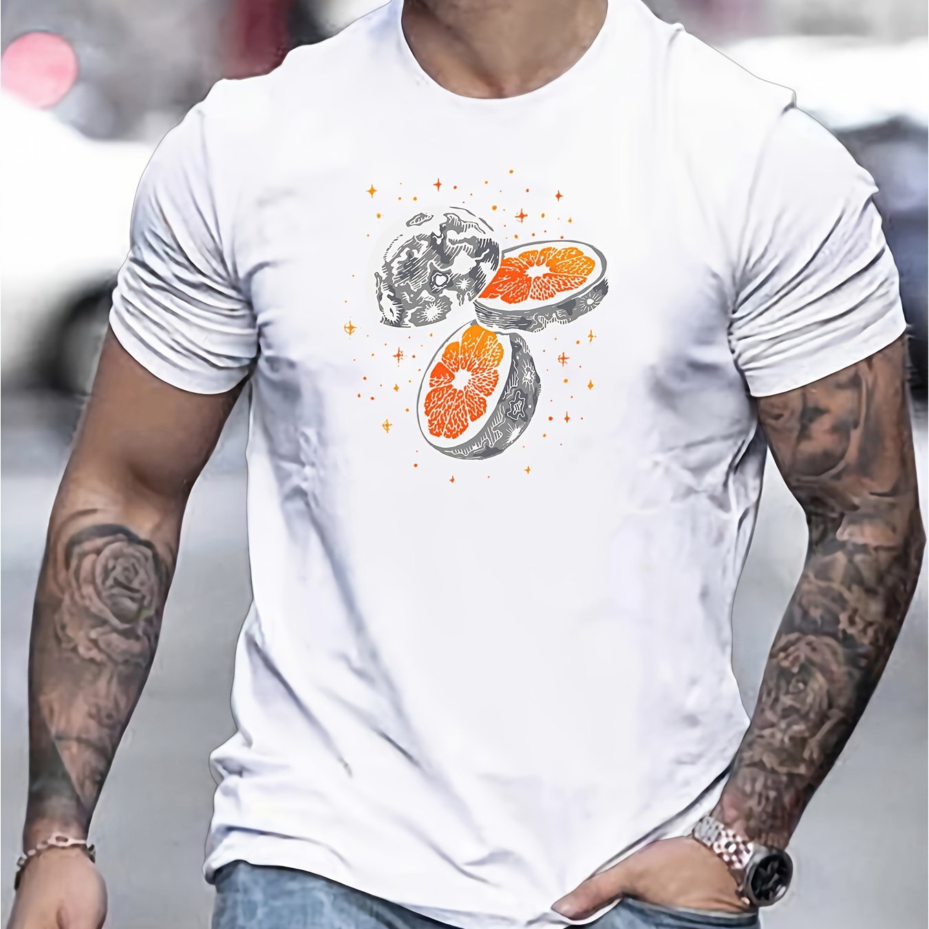 

Moon Orange Print Tee Shirt, Tees For Men, Casual Short Sleeve T-shirt For Summer