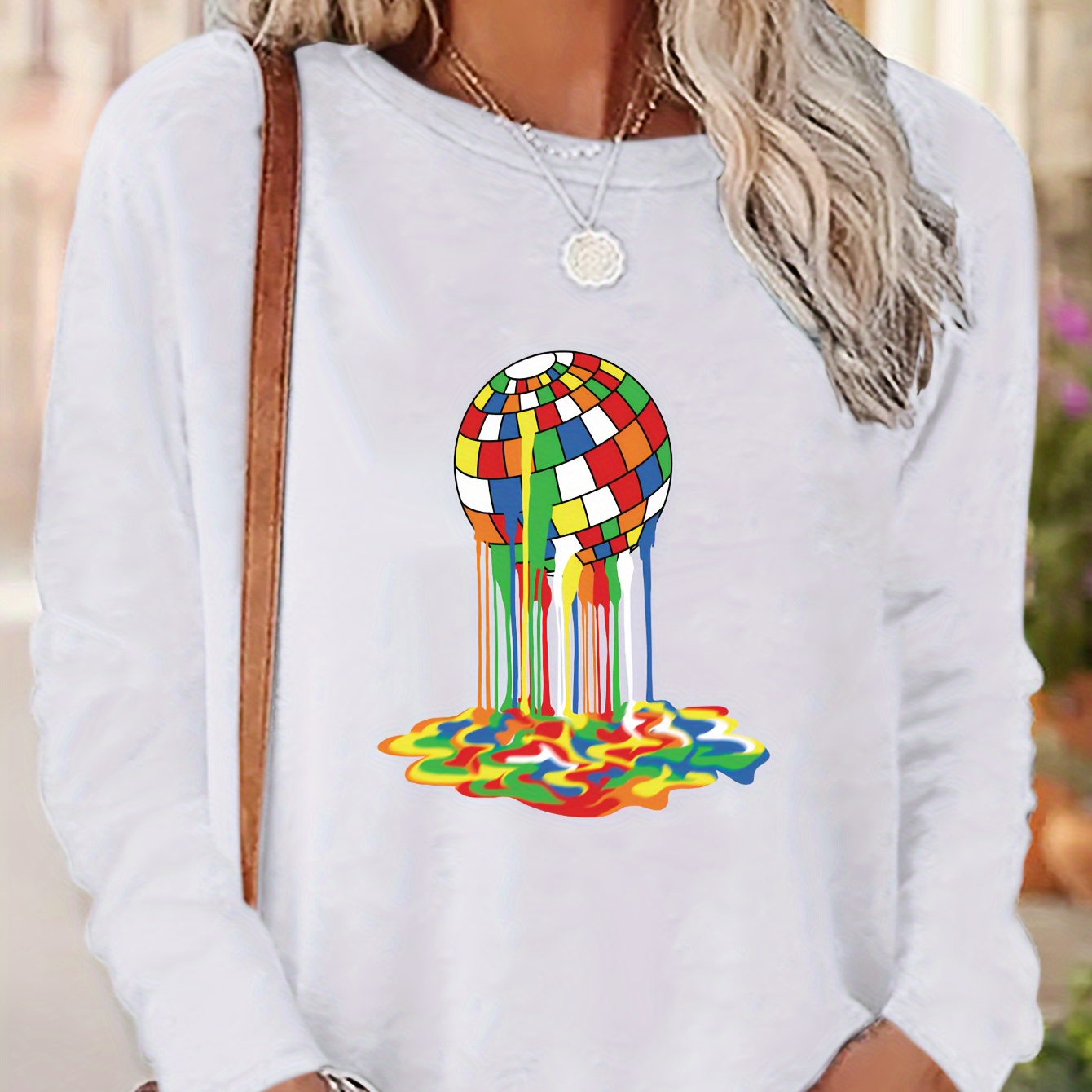 

Melting Ball Print Loose T-shirt, Versatile Long Sleeve Crew Neck Top, Women's Clothing