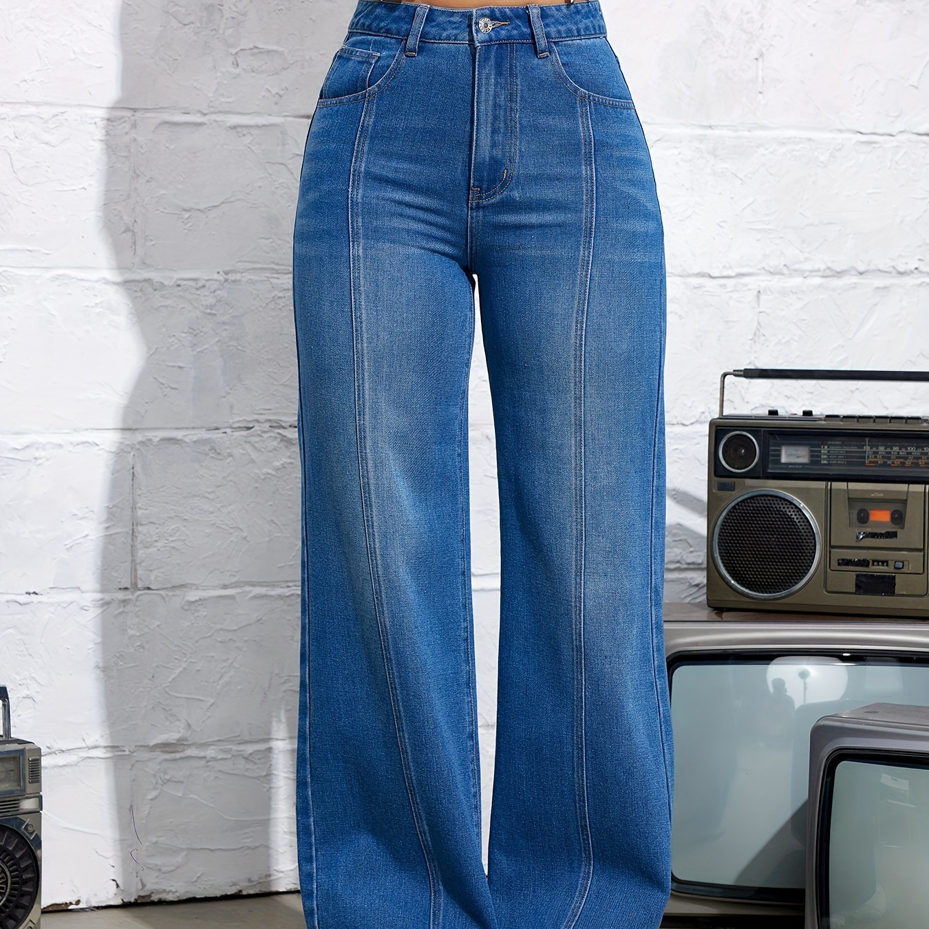 

Women's High-waisted Wide Leg Denim Jeans, Street Style, Non-stretch, Floor-length Casual Pants, Vintage Blue