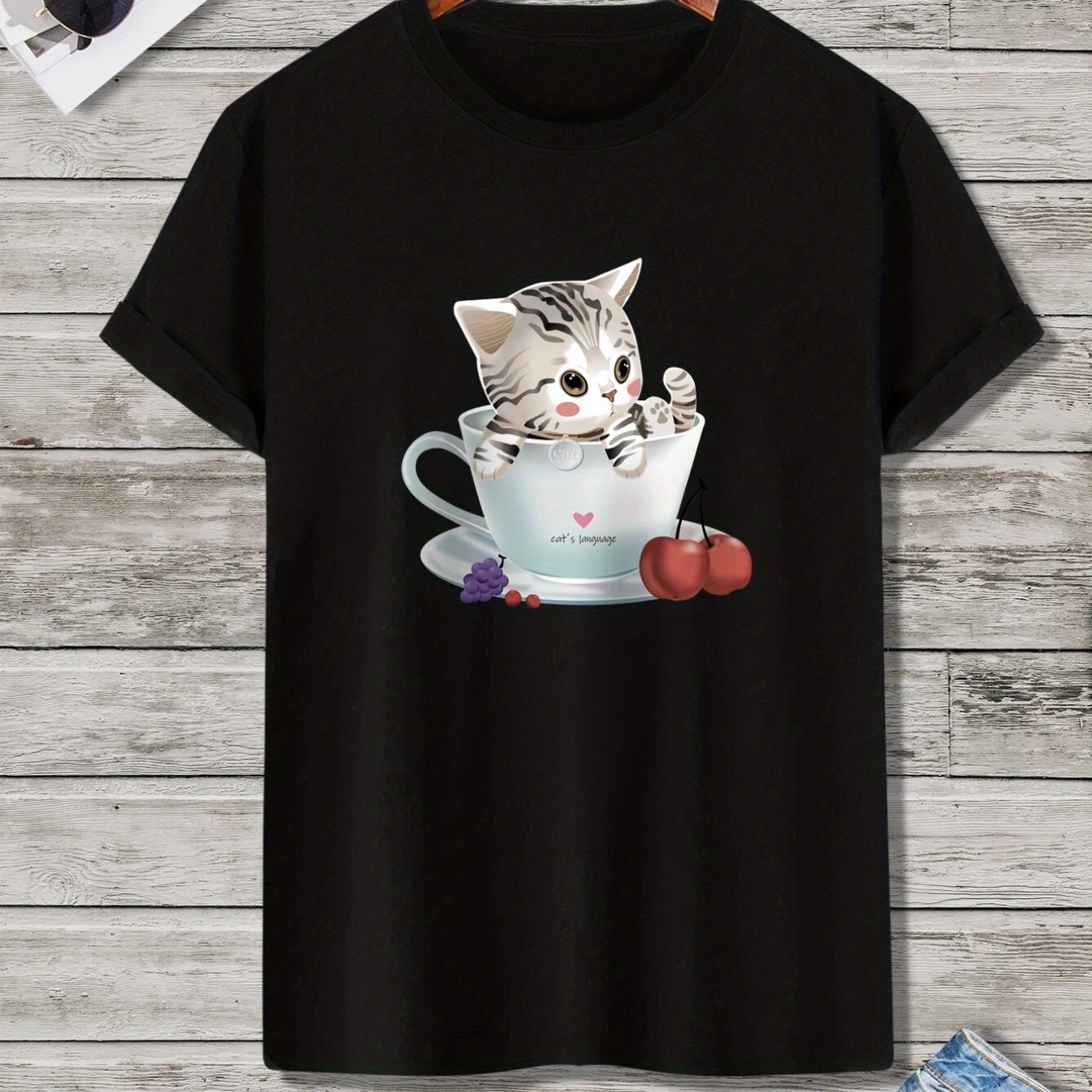 

'cat' Tee, Summer Round Neck, Men's Short-sleeve T-shirt, Casual Wear, Men's Clothing