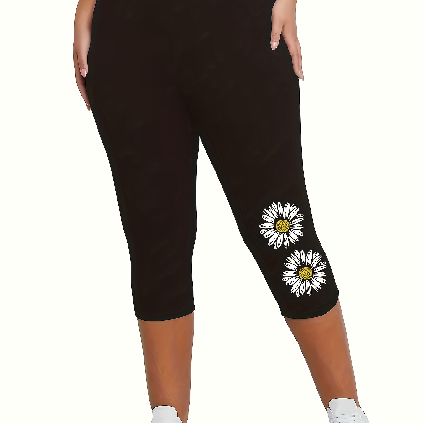 

Plus Size Flower Print Capri Leggings, Casual High Waist Stretchy Leggings For Spring & Summer, Women's Plus Size Clothing