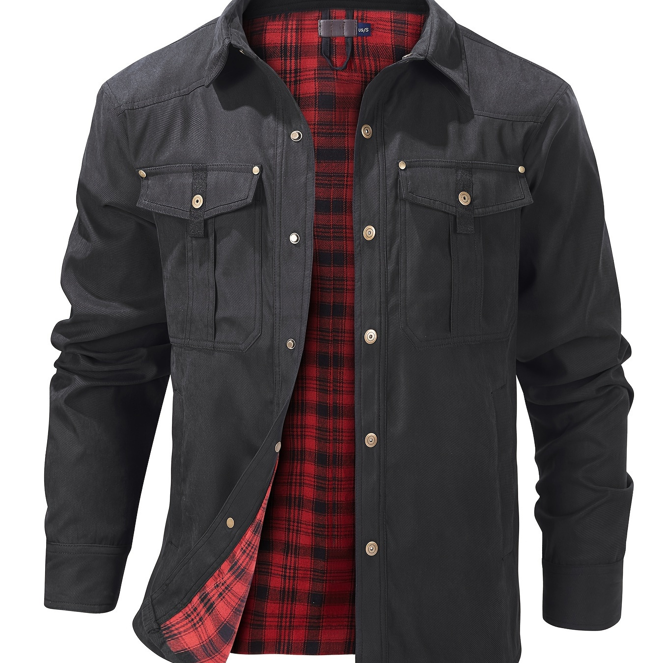 

Men's Fashion Casual Solid Color Plaid Work Jacket, Mature Style Button Down Outerwear With Flap Pockets, Spring Fall