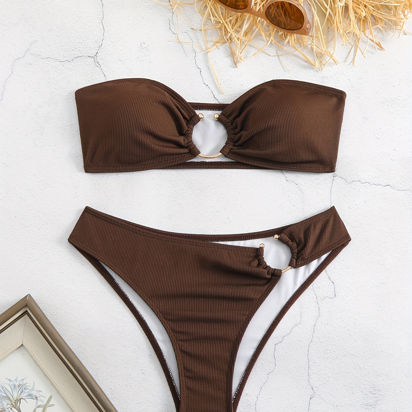 

Solid Color Bandeau 2 Piece Set Bikini, Tube Top High Cut Ring-linked Swimsuits, Women's Swimwear & Clothing