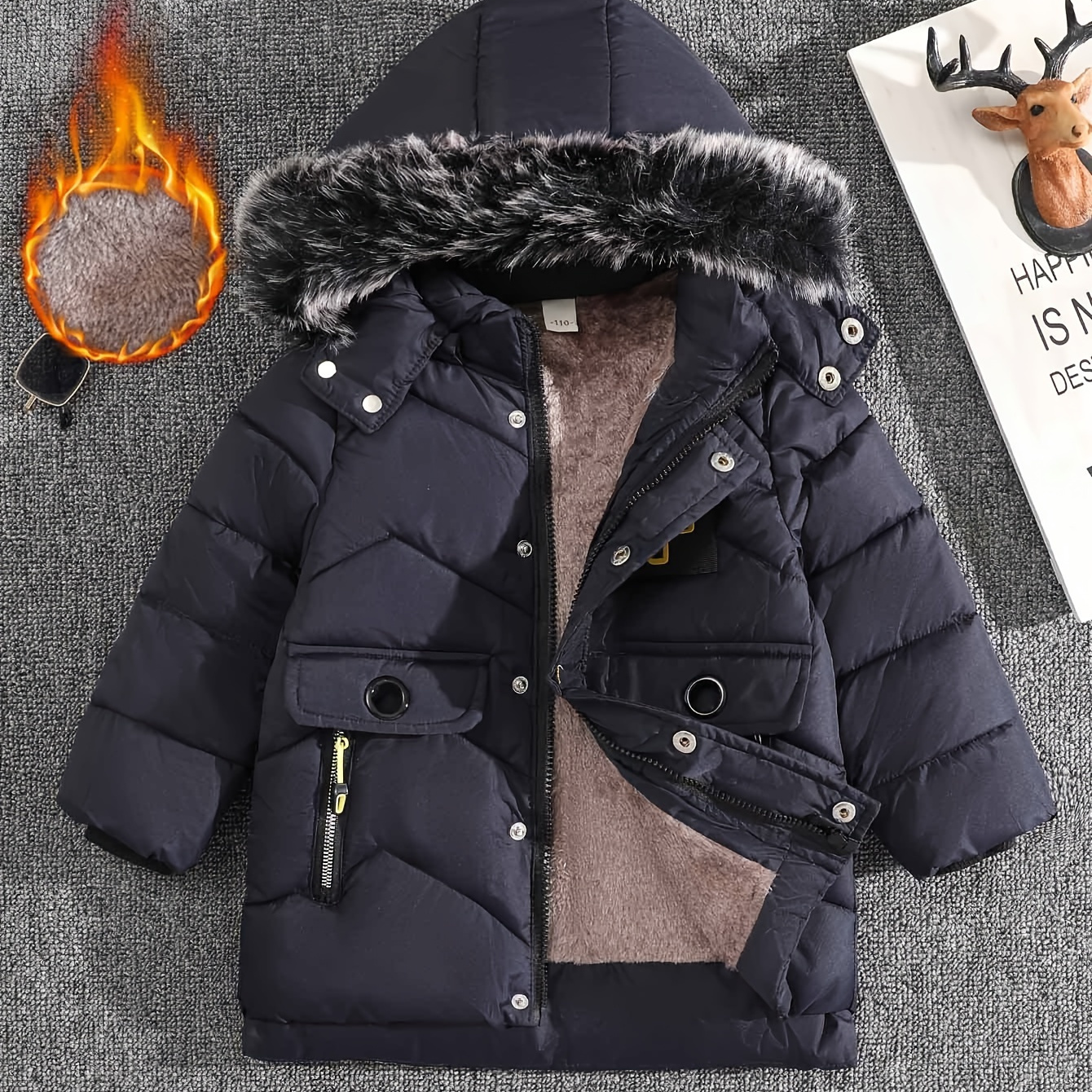 

Boys' Fashion Hooded Winter Coat With Faux Fur Trim, Casual Solid Color Polyester Puffer Jacket With Zipper Pockets, Regular Fit -padded Outerwear For Fall/winter - Age 12 And Under