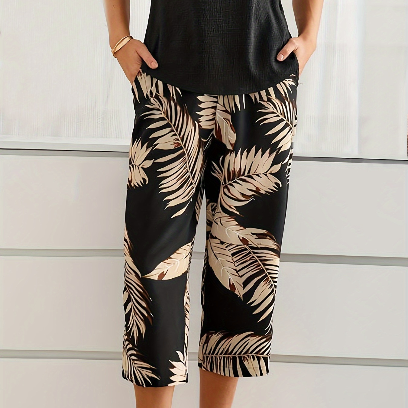 

Leaf Print Straight Leg Cropped Pants, Casual & Versatile High Waist Pants For Spring & Summer, Women's Clothing