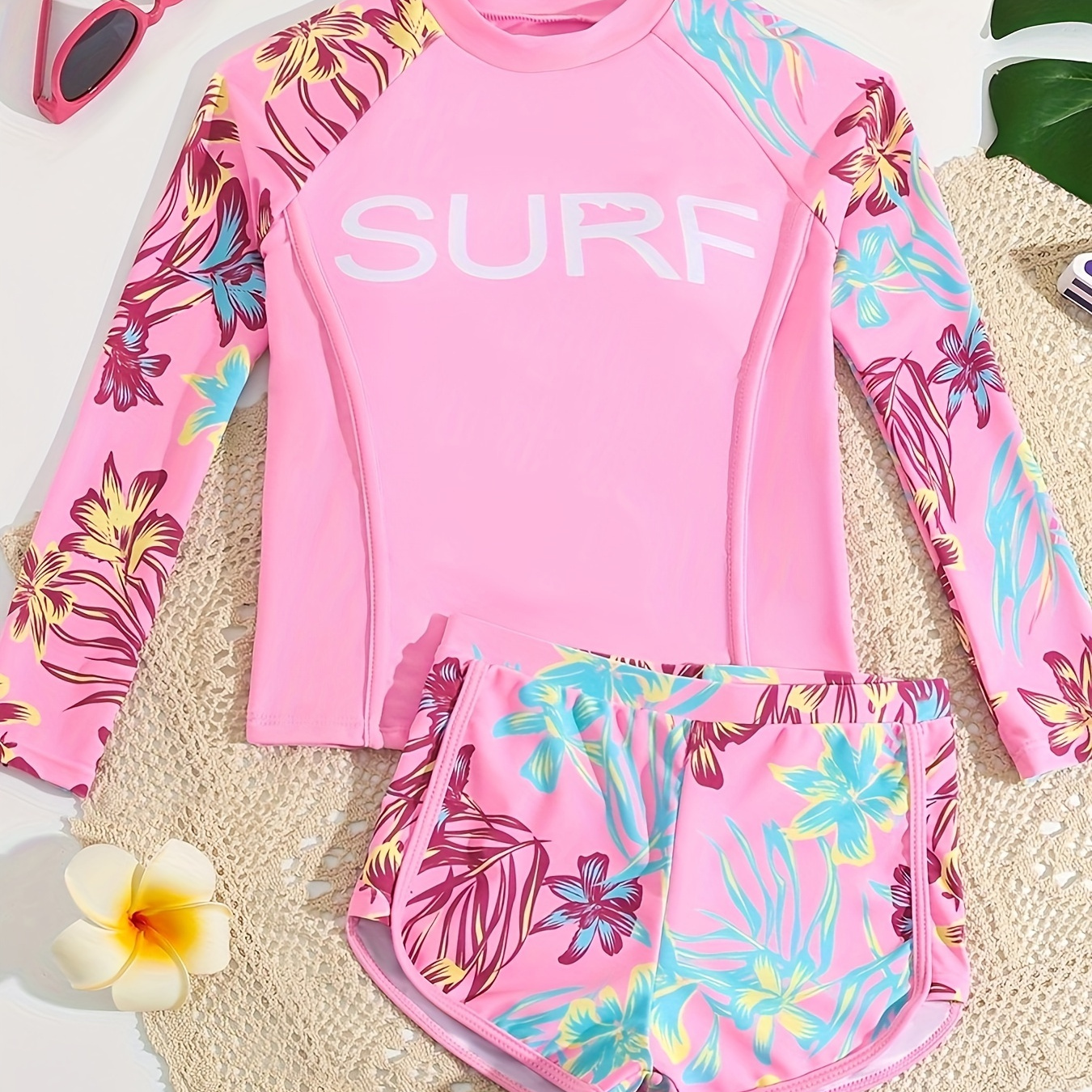 

2pcs Girls Splicing Sun Protection Long Sleeve Tankini Swimwear Cute Swimsuit For Summer Gift