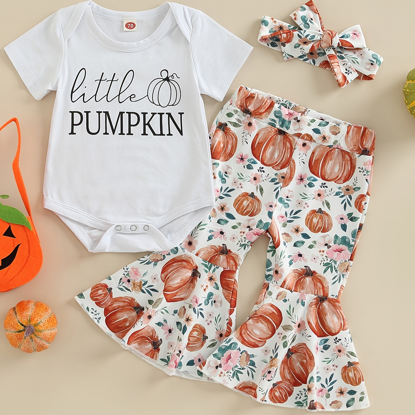 

3pcs Newborn Infant Short Sleeve Romper "pumpkin" Print Crew Neck Bodysuit & Elastic Waist Pumpkin Floral Print Flare Leg Pants & Headband Set For Baby Girls Toddler Clothes