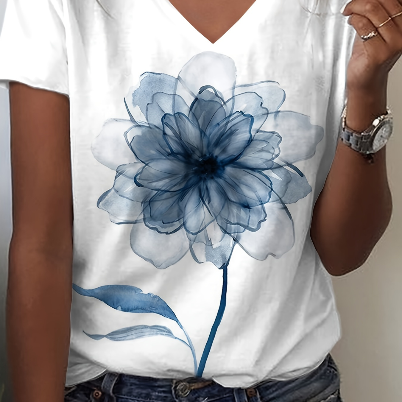 

Plus Size Casual T-shirt, Women's Plus Floral Print Short Sleeve V Neck Slight Stretch T-shirt