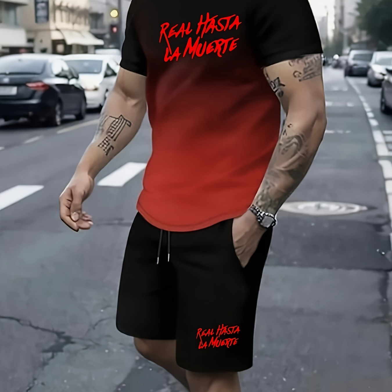 

Real Hasta La Muerte Printed Men's 2pcs Comfy Short Sleeved T-shirt & Breathable Shorts Set, Men's Regular Fit Clothing, Perfect For Summer Daily Wear & Workout