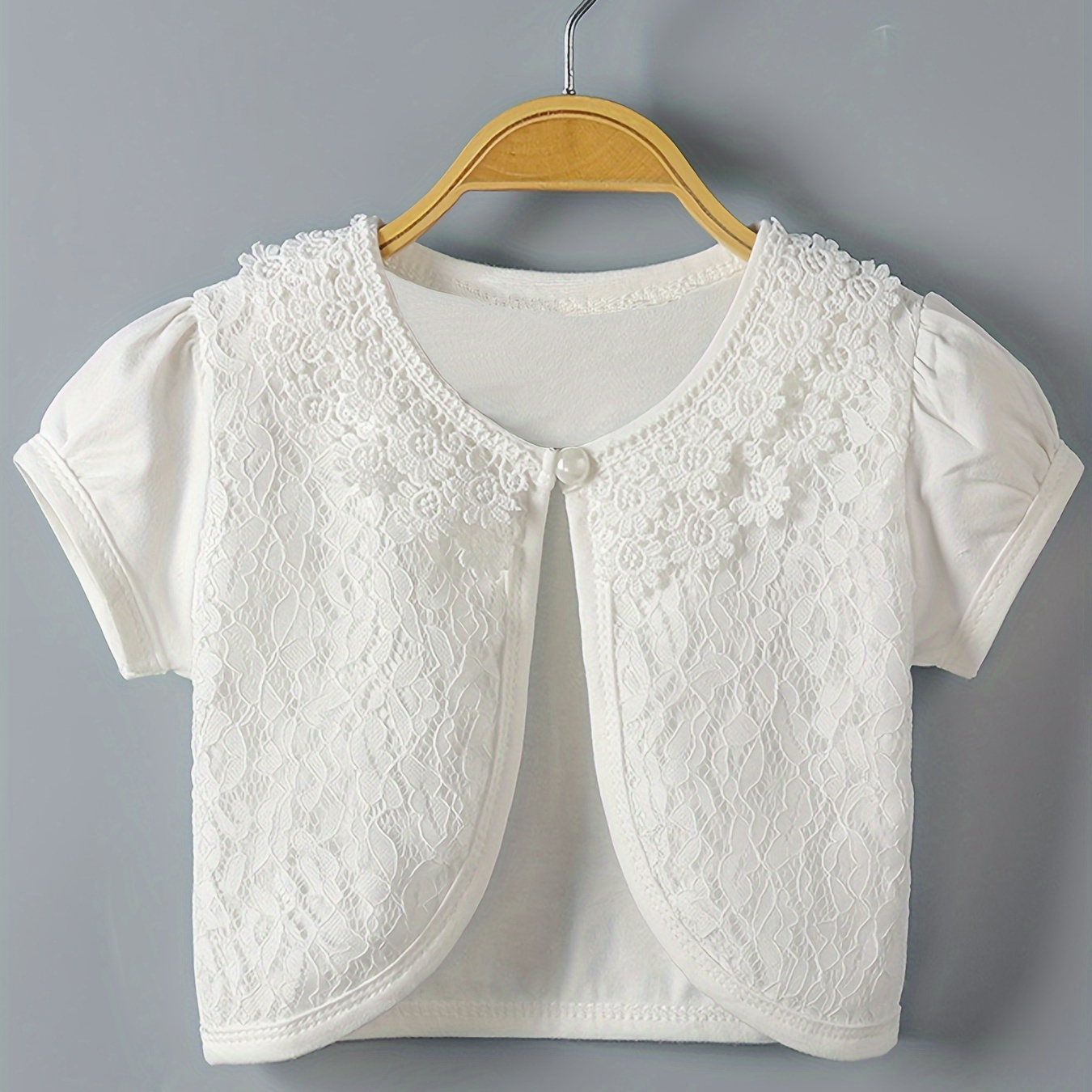 

Girls' Short Sleeve Knitted Cardigan With Lace Detail, Party Style, Elegant White Top With Button Closure