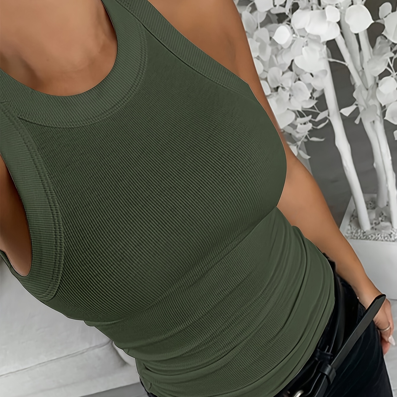 

[casual ] Chic Green Ribbed Tank Top For Women - Sleeveless Crew Neck, Slim Fit, Stretchy Polyester, Machine Washable - & Comfortable Wear