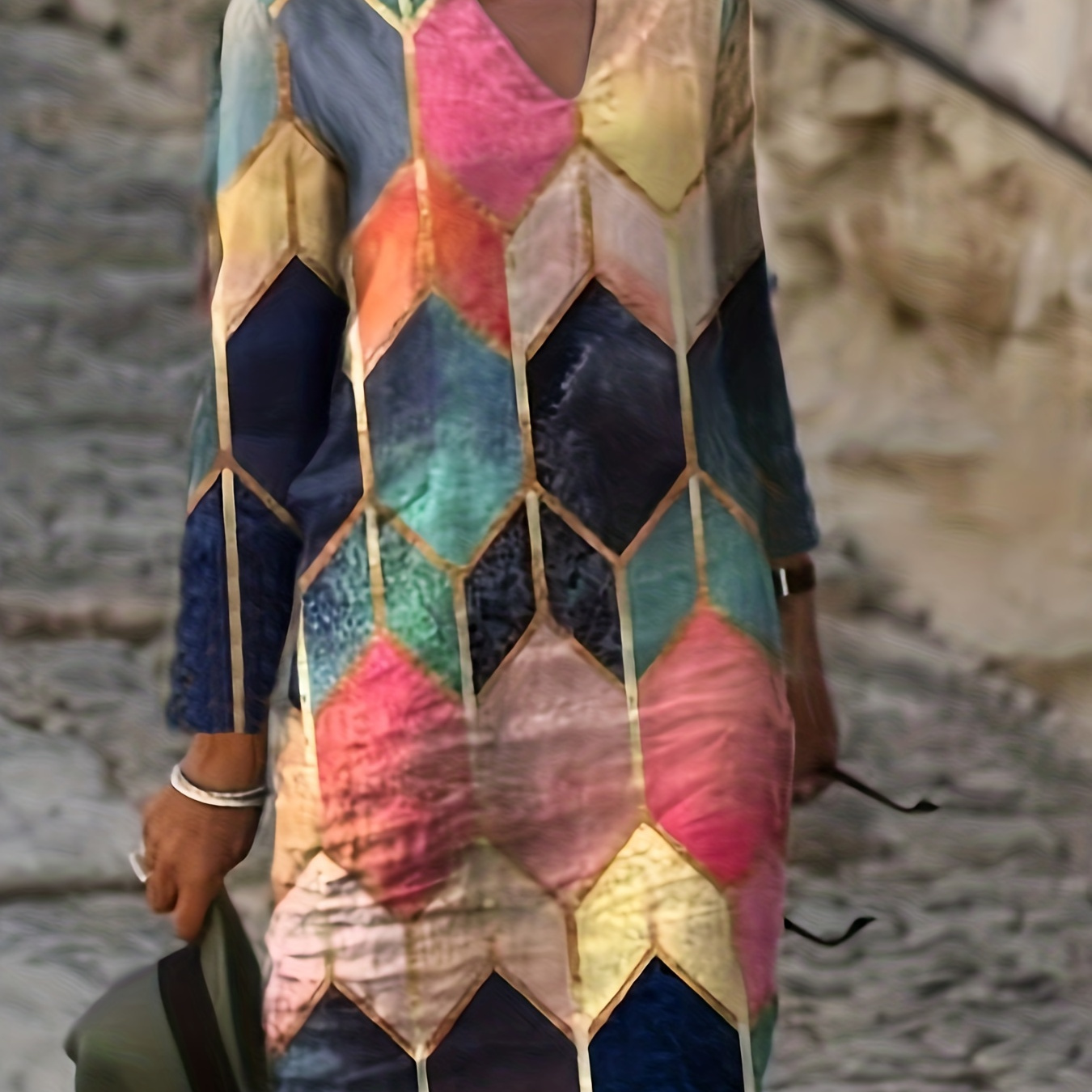 

Colorful Argyle Print Dress, Boho Notched Neck Long Sleeve Dress, Women's Clothing