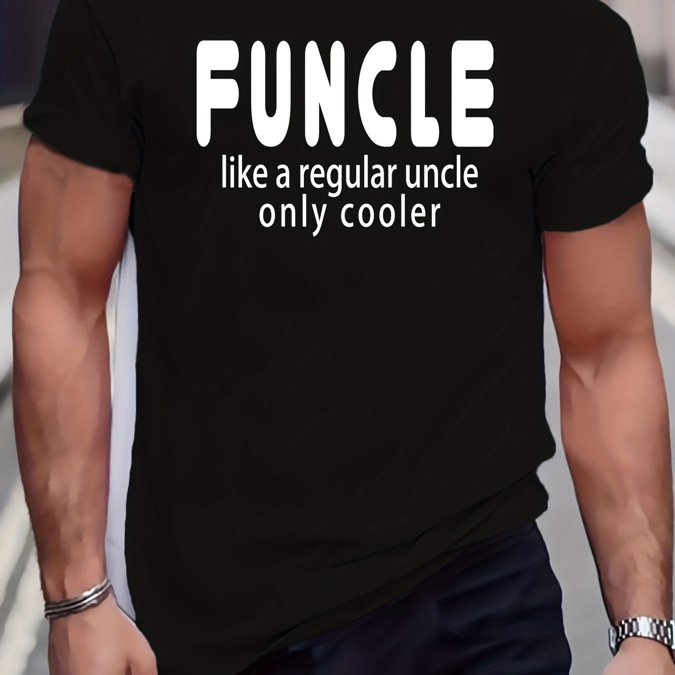 

Funcle Like A Regular Uncle Only Cooler Letter Graphic Print Creative Top, Casual Mid Stretch Short Sleeve Crew Neck T-shirt, Men's Tee For Summer Outdoor