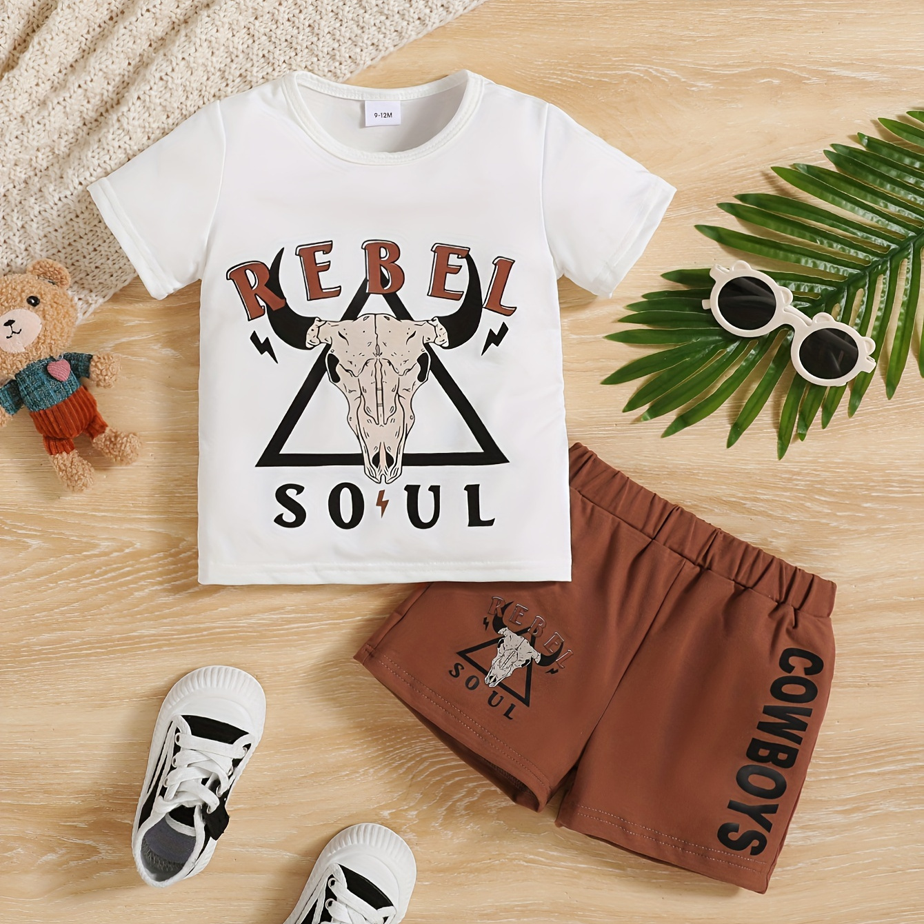 

Toddler Boys Summer Outfit - Cute Soul Bull Head Print Short Sleeve T-shirt With Elastic Waist Shorts Set