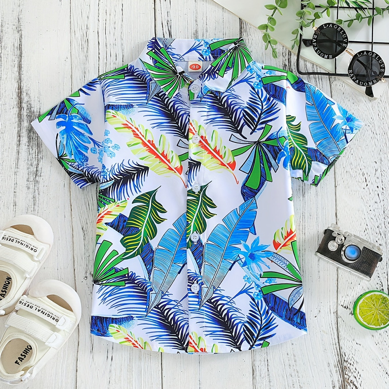 

Boys Leaves Print Short Sleeves Shirt Hawaiian Style For Vacation Beach Kids Summer Clothes