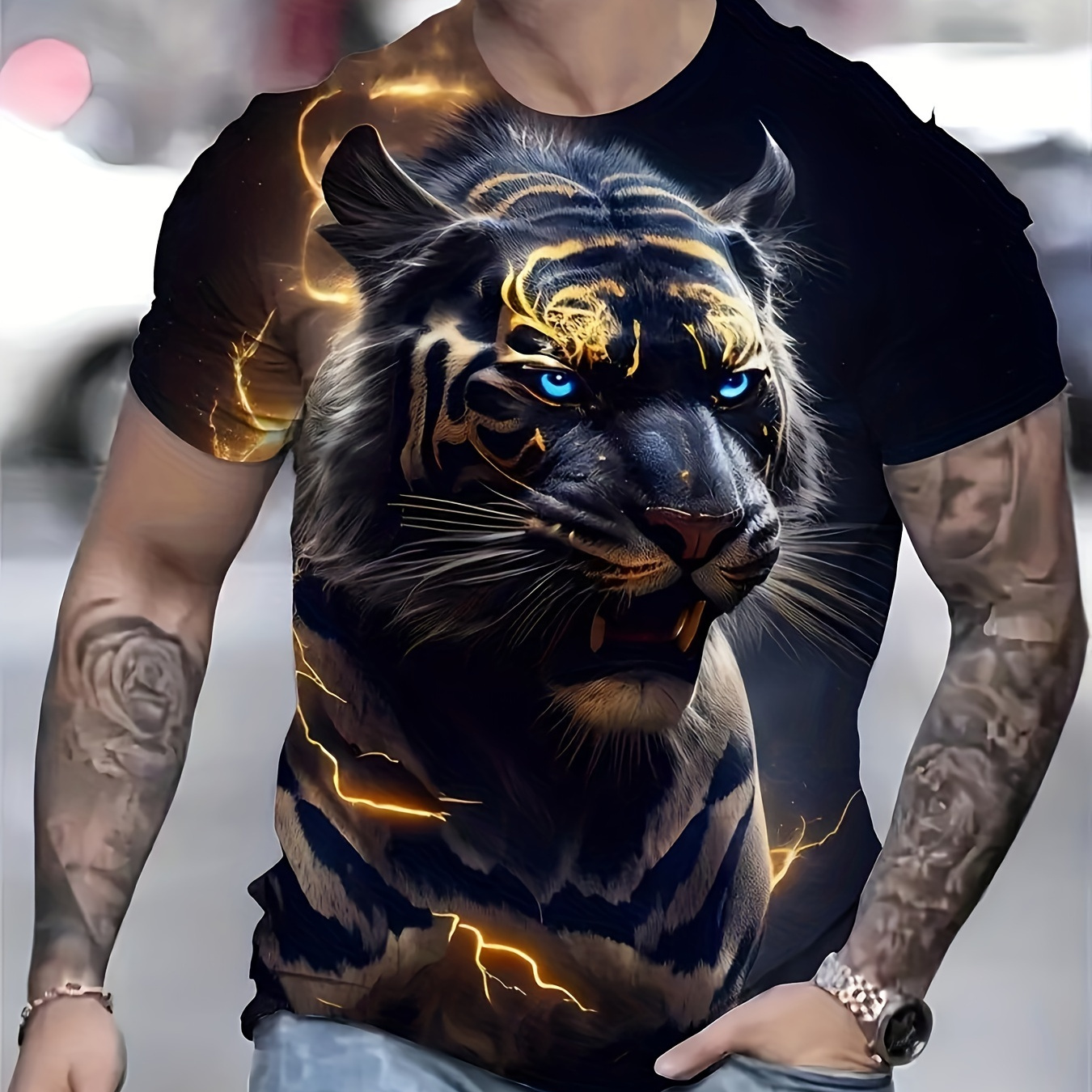 

T-shirt graphique Tigre pour homme, T-shirt décontracté à manches courtes et col rond, Vêtements pour homme pour l'été en plein air