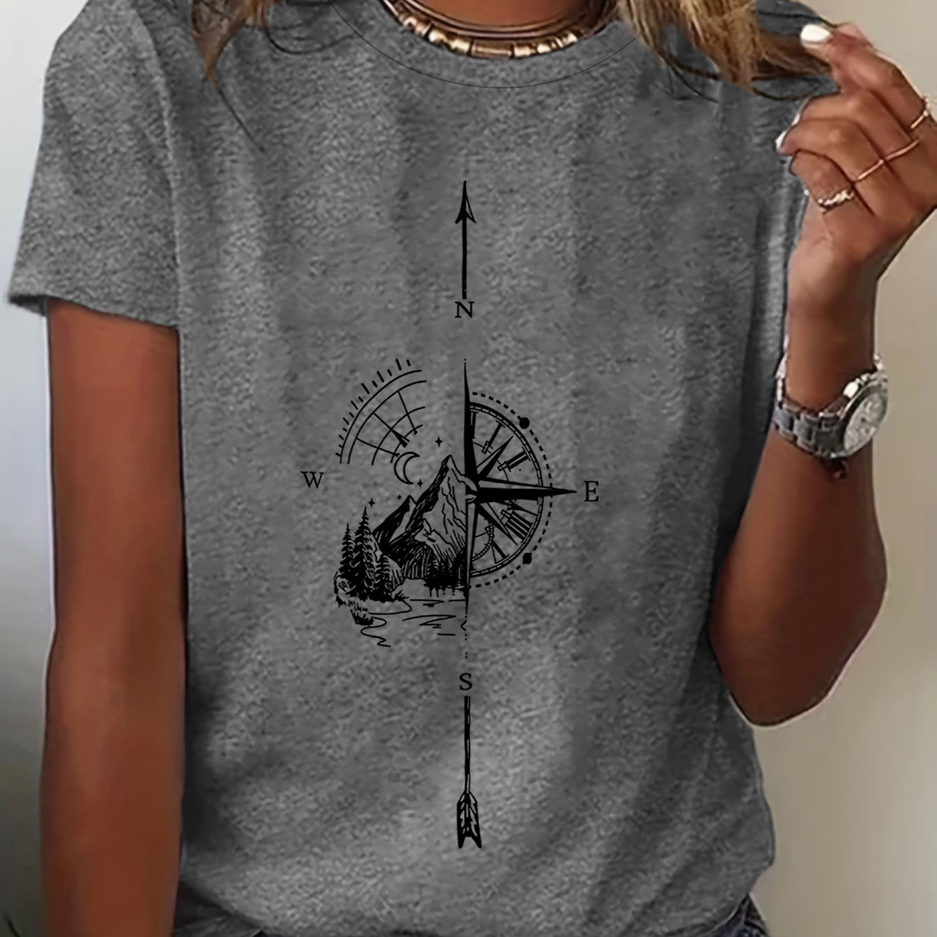 

Compass & Mountains Graphic Print T-shirt, Short Sleeve Crew Neck Casual Top For Summer & Spring, Women's Clothing