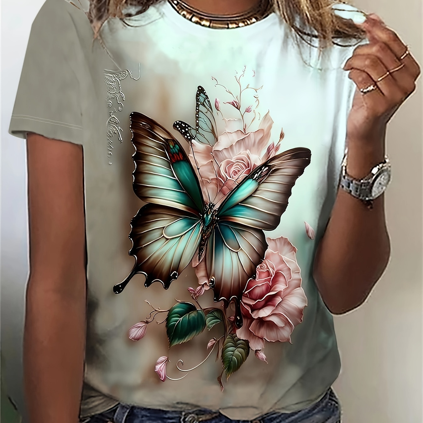 

Butterfly Print Crew Neck T-shirt, Casual Short Sleeve T-shirt For Spring & Summer, Women's Clothing