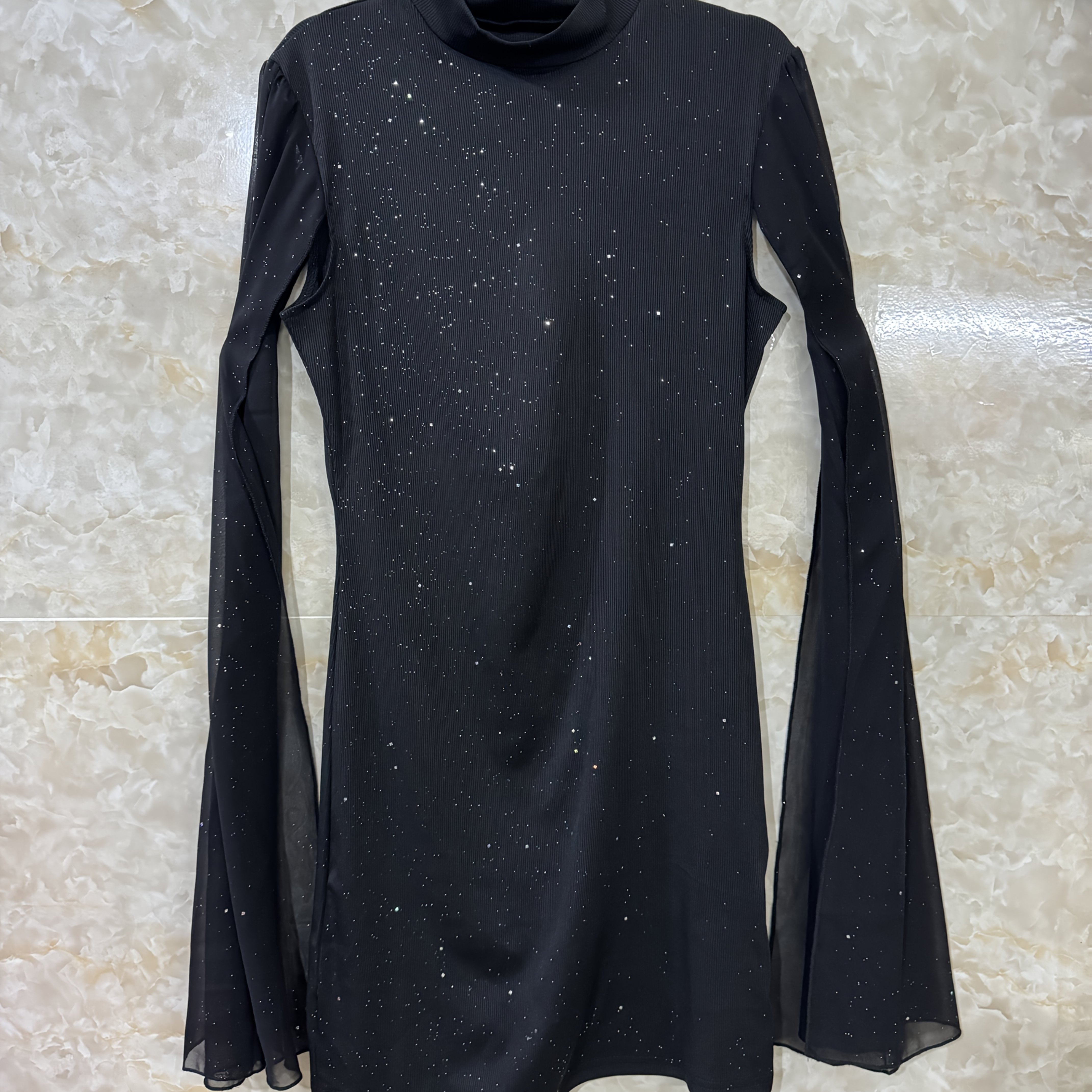 

Women's Elegant Sequin Bodycon Dress, Geometric-pattern Knit Polyester 100%, Crew Neck, Lantern Sleeves, Spring/fall Season, 250g/m² Fabric Weight