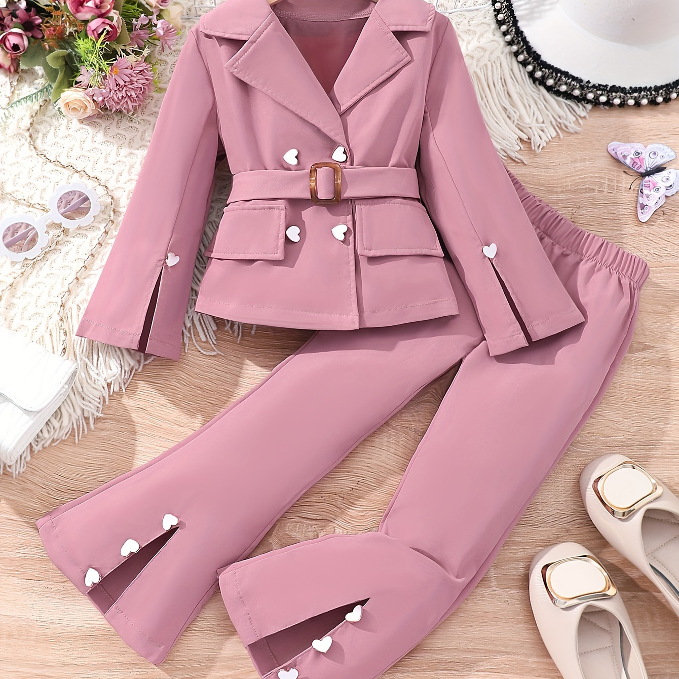 

Heart Button Decor Outfits 2pcs, Girls Long Sleeve Blazer Outerwear + Split Side Flare Pants Set For Outdoor Gift