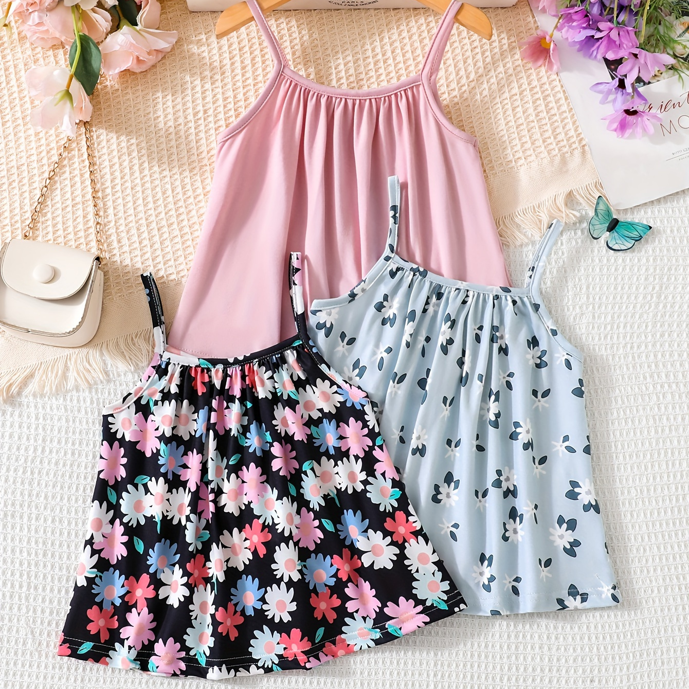 

3-pack Girls Knitted Solid & Floral Print Camisole Tops, Casual Style, Sleeveless Tanks, Summer Vest Set For Kids