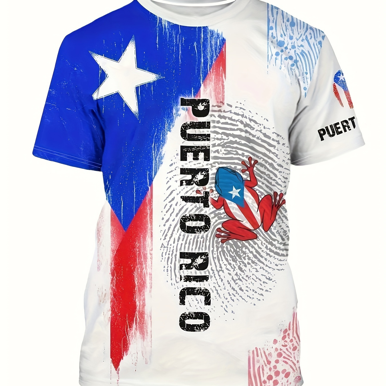 

Puerto Rico Themed Color Block Digital Print Men's Creative Short Sleeve Crew Neck T-shirt, Summer Outdoor