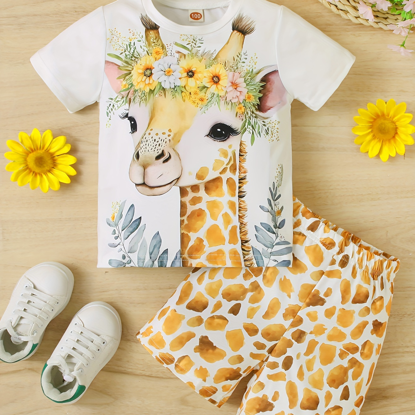 

Girls Summer 2pcs Giraffe Outfit, Cute Graphic Tee Top & Leopard Shorts Set Casual Holiday Zoo Outfit