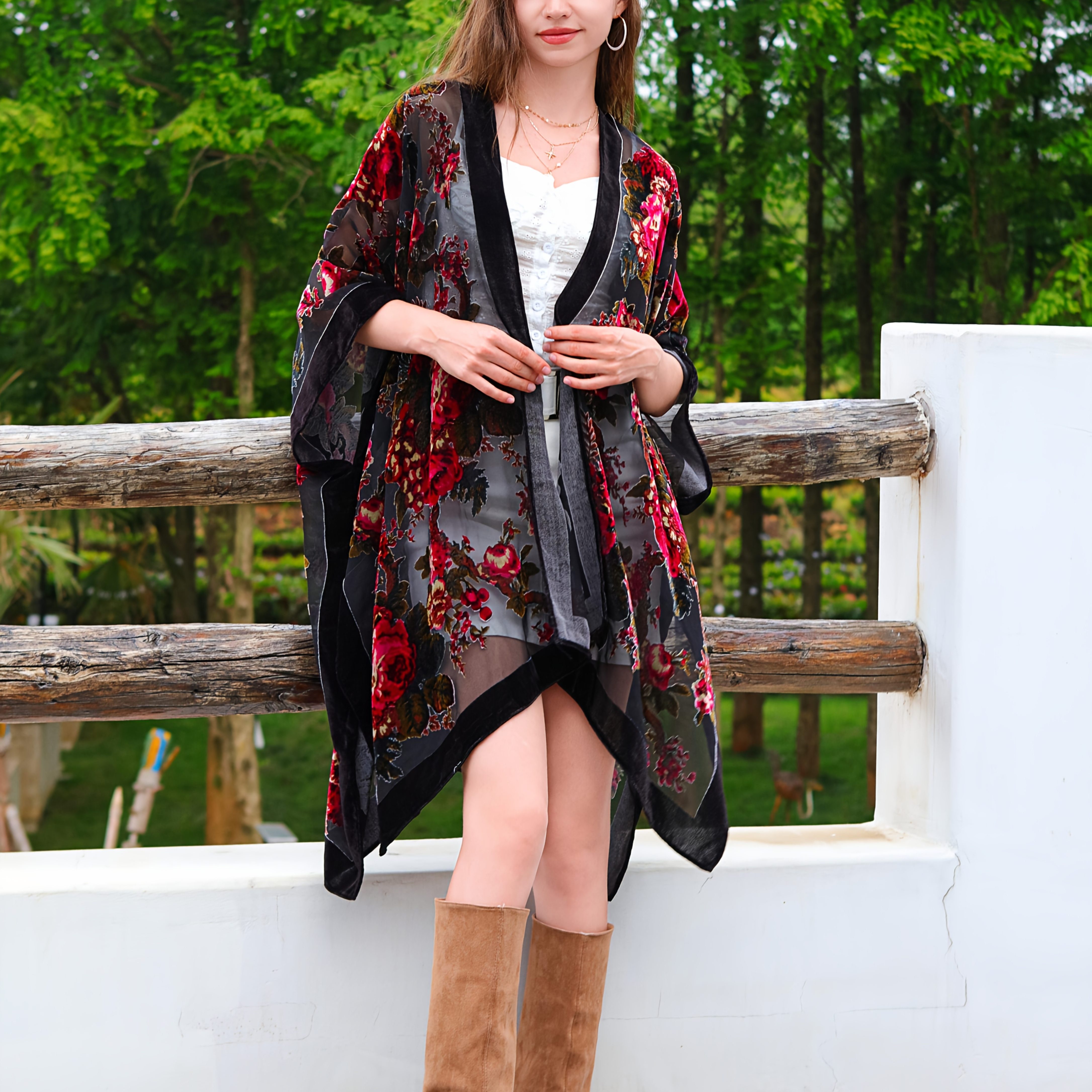 

Elegant Velvet Kimono Cardigan With Print - Long, Loose-fit Swimsuit Cover Up In Black & Design, Fits All