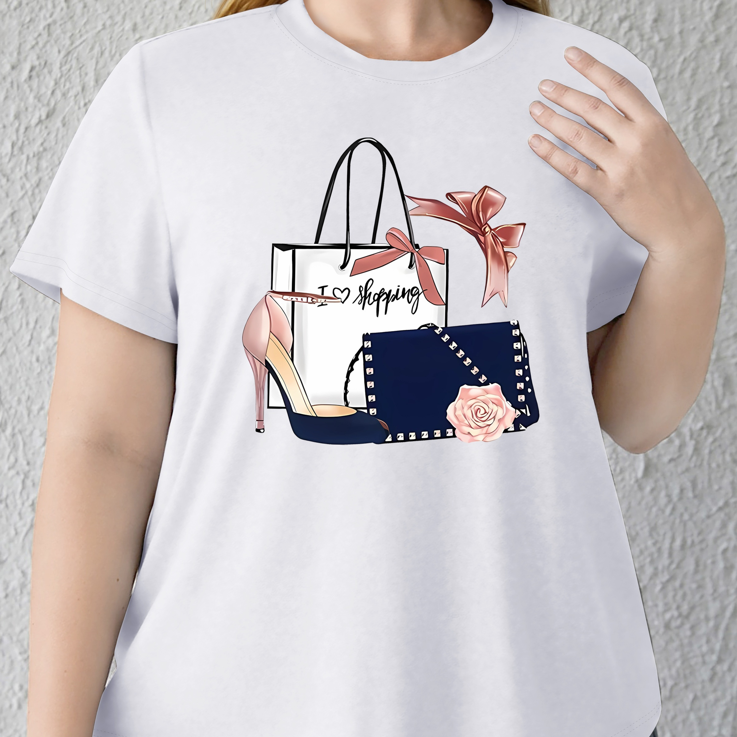 

Women's Plus Size Casual Sporty T-shirt, High Heel Bag Print, Fit Short Sleeve Tee, Fashion Breathable Casual Top