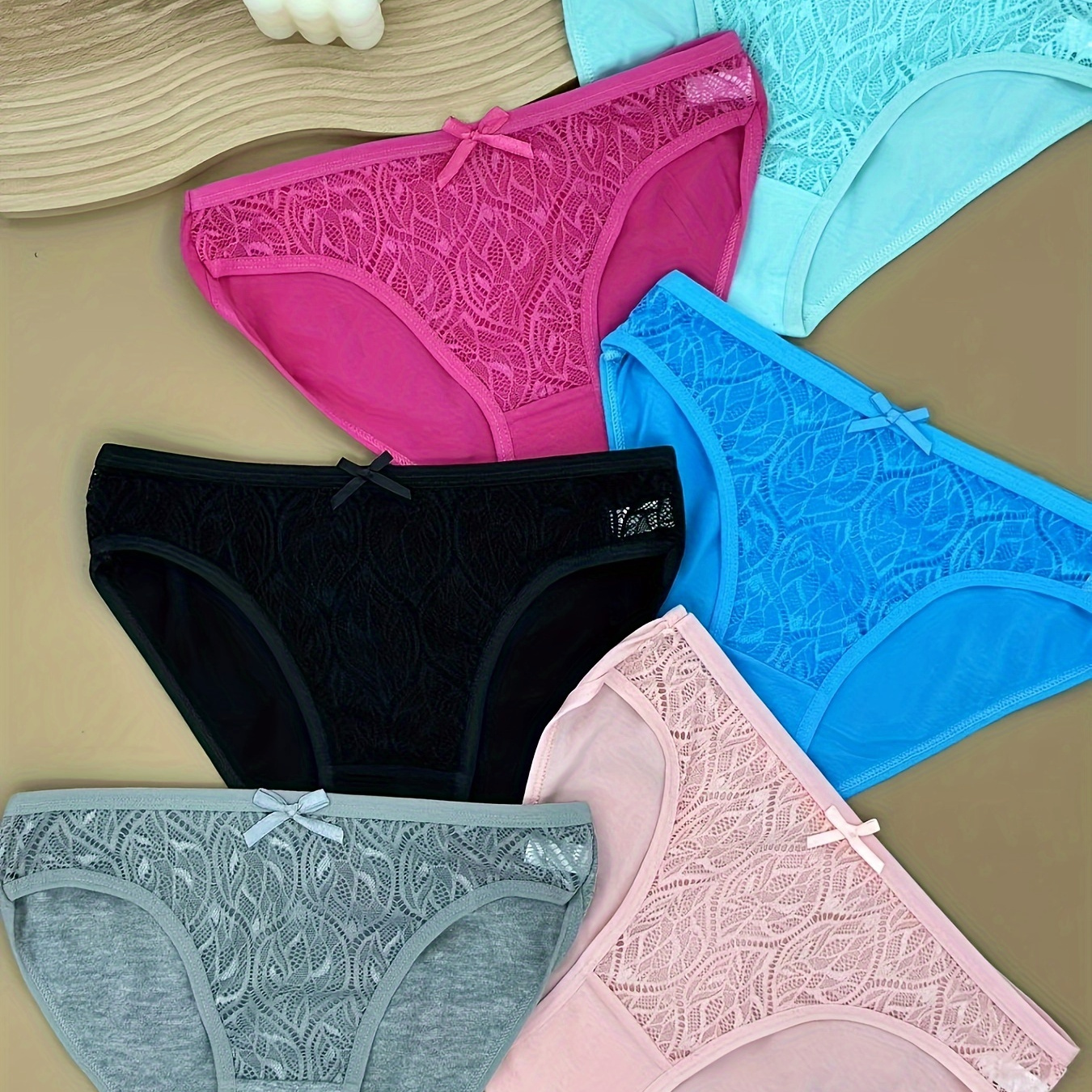 

6pcs Solid Contrast Lace Bow Briefs, Comfy Breathable Stretchy Intimates Panties, Women's Lingerie & Underwear