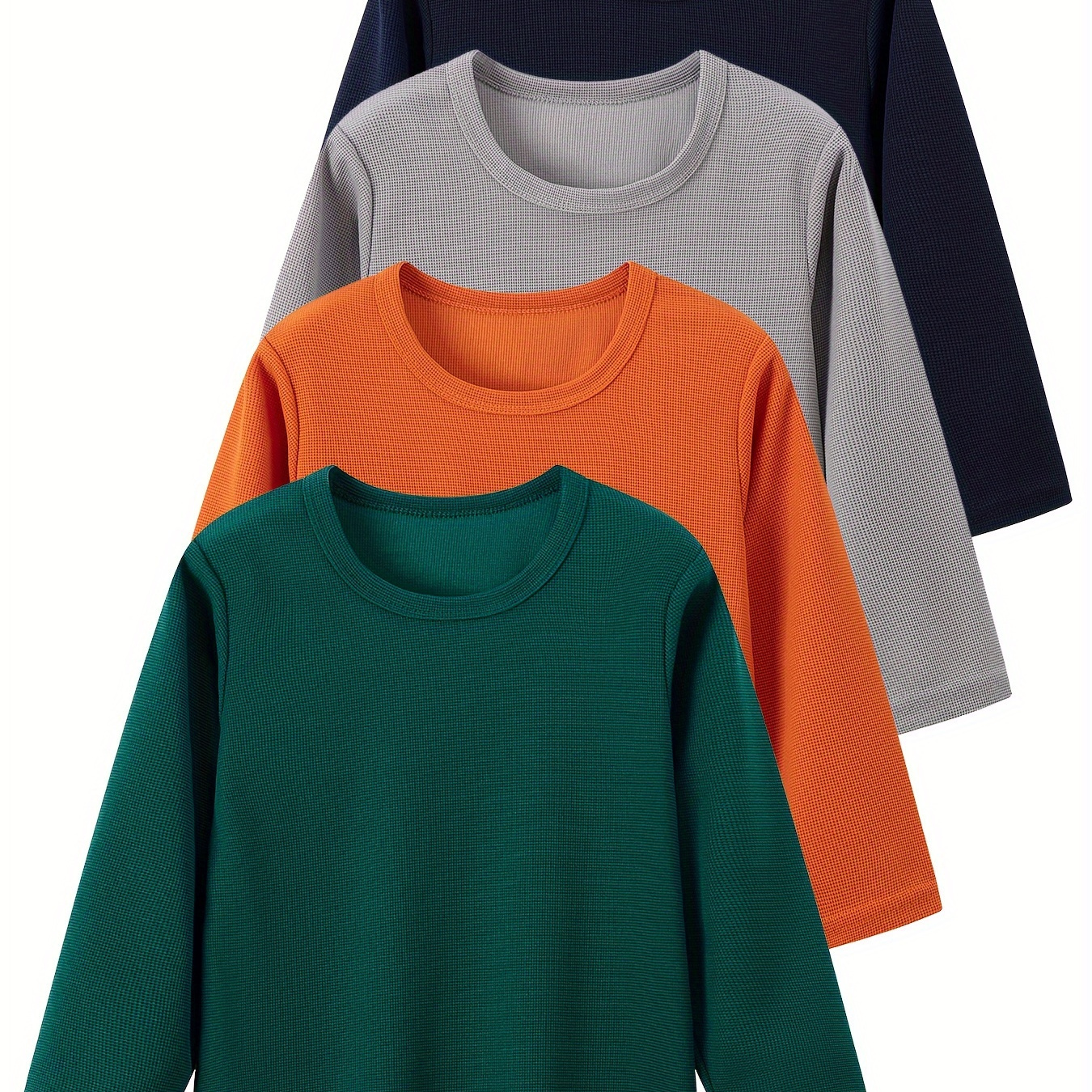 

4pcs Garçon Décontracté Couleur Unie Manches Longues T-shirt, Col Rond Confortable Tee-shirt de Fond