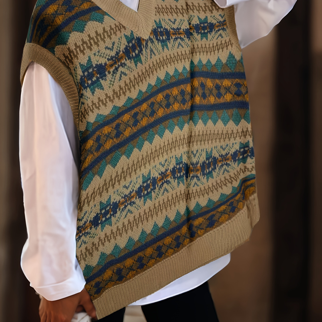 

Allover Pattern V Neck Sweater Vest, Preppy Sleeveless Loose Sweater, Women's Clothing