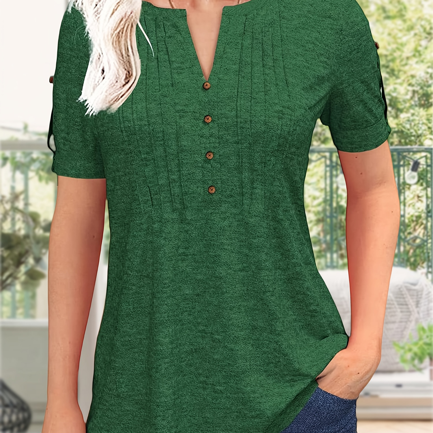 

Women's Zipper Summer Pleated Button Short Sleeve T-shirt Summer V-neck Solid Color Casual Top