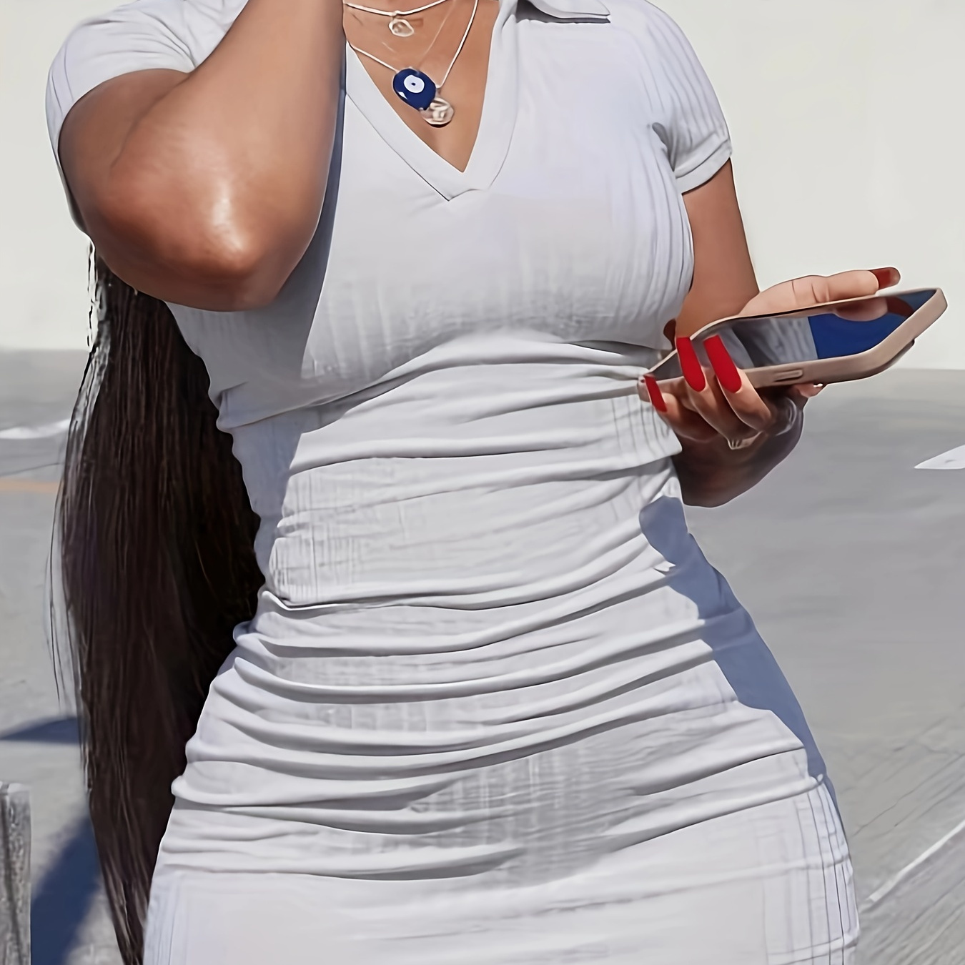 

Solid V Neck Dress, Casual Short Sleeve Lapel Bodycon Dress, Women's Clothing