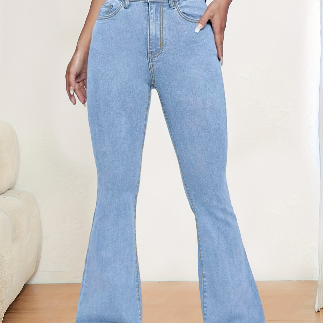 

[popular ] Plain Washed Blue Flare Leg Bell , High Stretch Casual Denim Pants, Women's Denim Jeans & Clothing